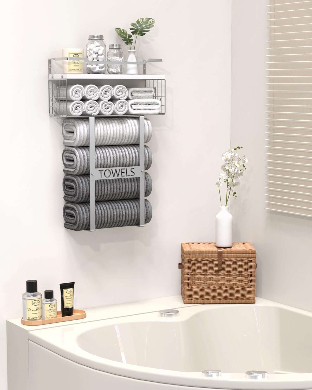 Towel Racks for Bathroom Wall Mounted - Bath Wall Towel Holder Set Above Toilet Storage, Rolled Towel Shelf Organizer