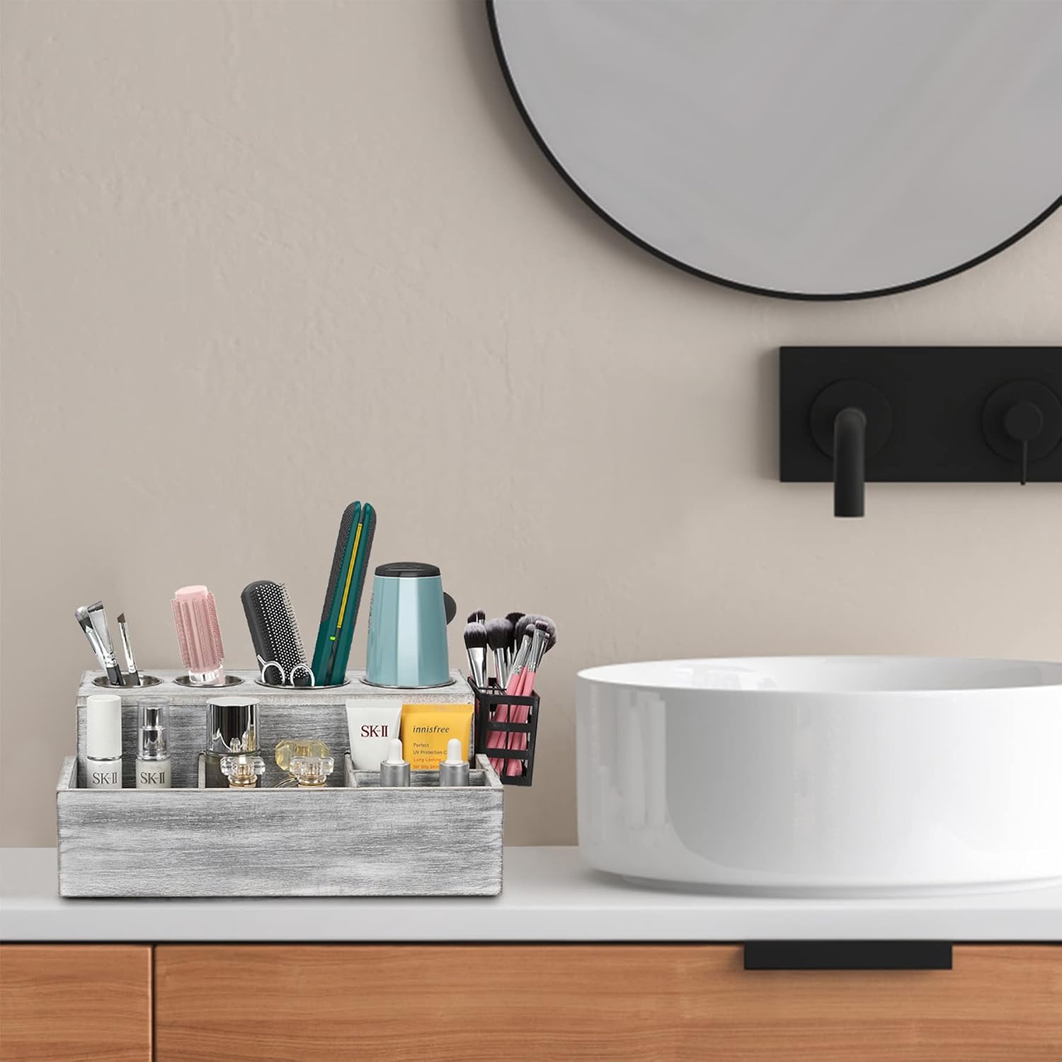 Hair Tool Organizer, Wooden Hair Dryer Holder and Bathroom Countertop Blow Dryer Holder, Vanity Caddy Storage Stand for