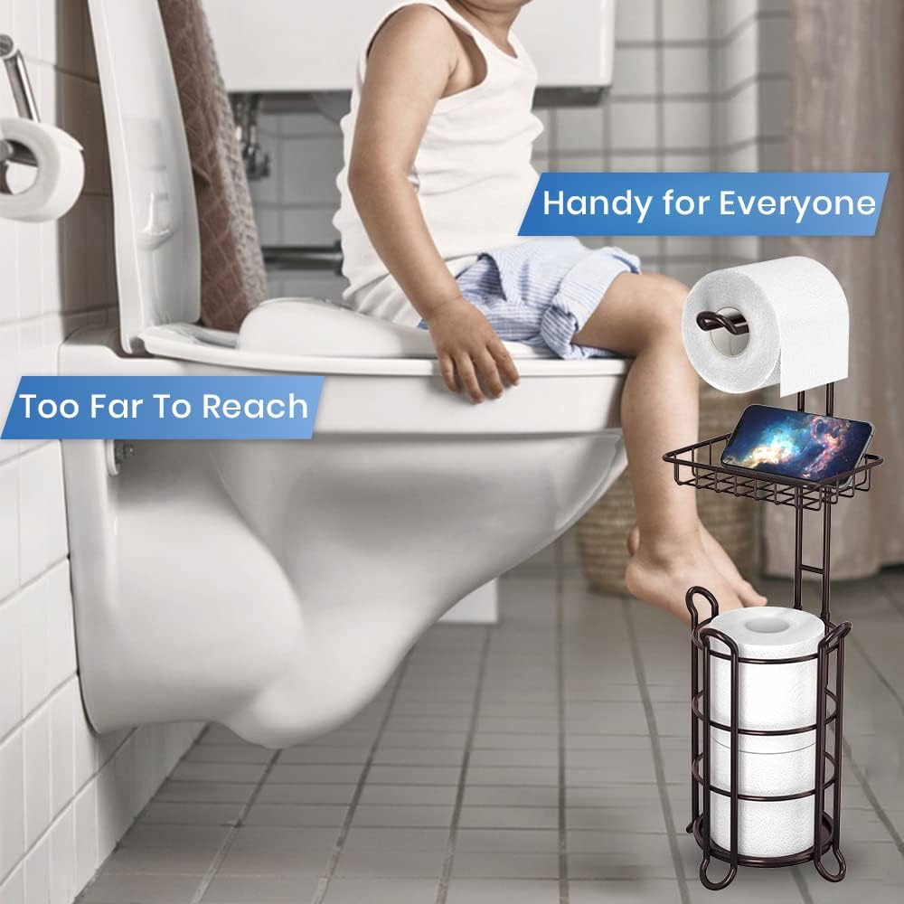 Toilet Paper Holder Stand Tissue Paper Roll Dispenser with Shelf for Bathroom Storage Holds Reserve Mega Rolls-Bronze