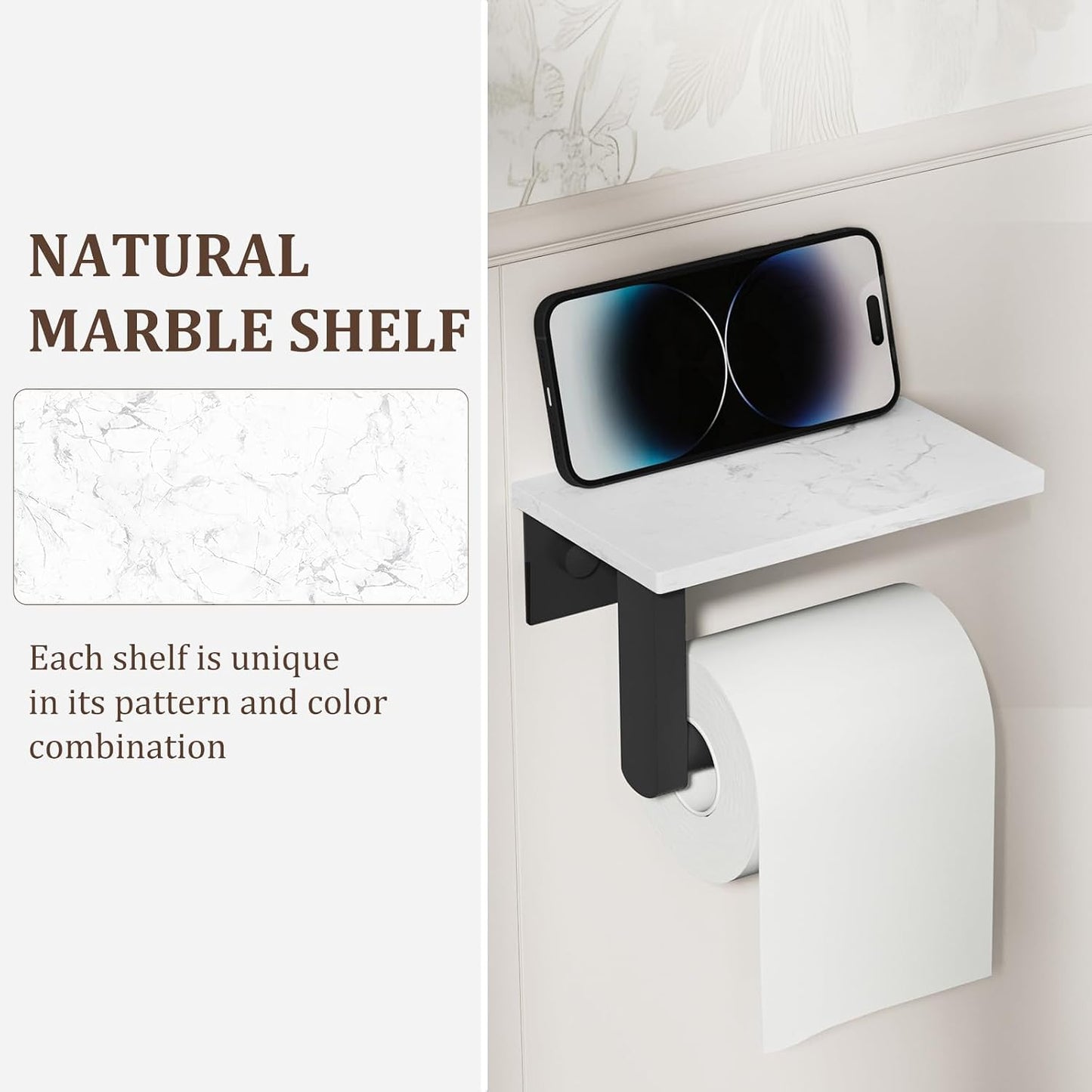 BWE Matte Black Toilet Paper Holder with Marble Shelf Wall Mounted | Toilet Paper Roll Holder with Phone Shelf 304
