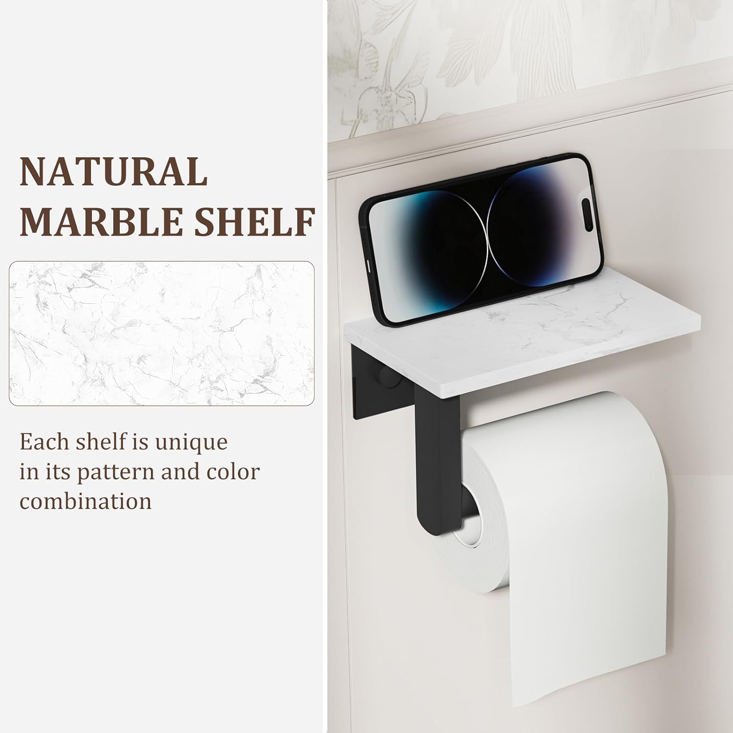 BWE Matte Black Toilet Paper Holder with Marble Shelf Wall Mounted | Toilet Paper Roll Holder with Phone Shelf 304