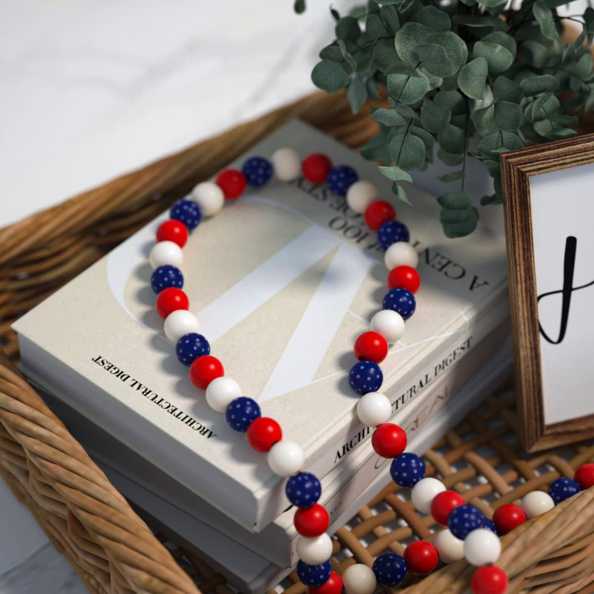 Patriotic Wood Bead Garland / Yd-wood Beed-07-us / Set of 2