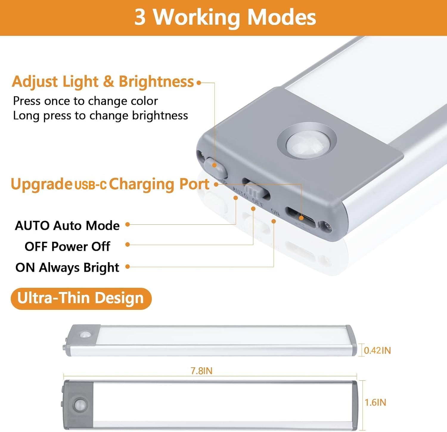 2-Pack Motion Sensor Under Cabinet Lighting, USB-C Rechargeable 1700mAh Battery, 3 Color Temperatures & Dimmable, 35LED