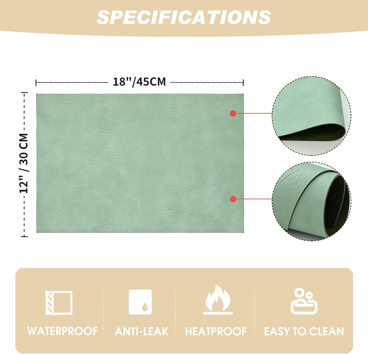 Artoid Mode Sage Faux Leather Placemats Set of 6, 12x18 Inch Waterproof Wipeable Heat Resistant Vinyl Place Mats
