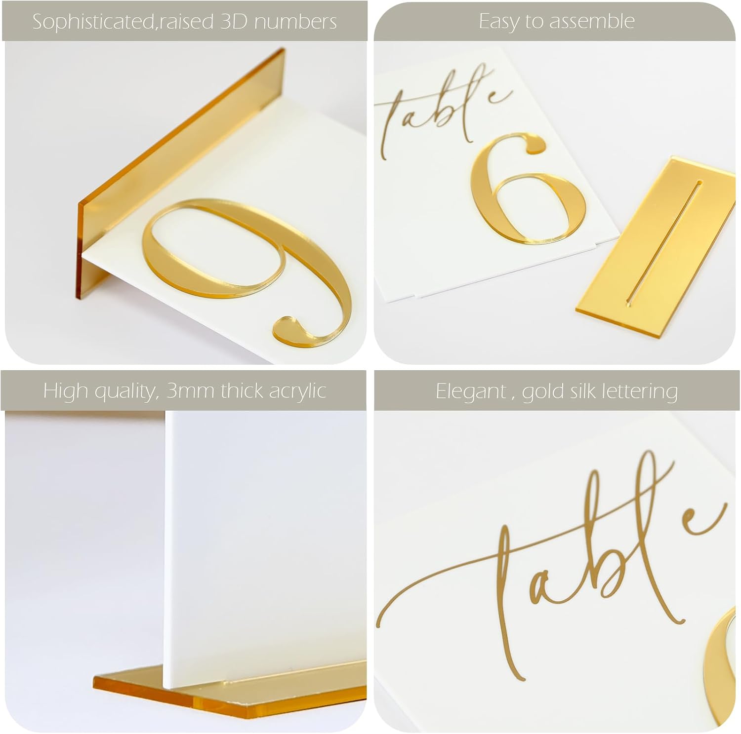 Acrylic Wedding Table Numbers 1-20 with Stands, 5"x7" White Acrylic Signs with 3D Gold Mirror Numbers, White and Gold