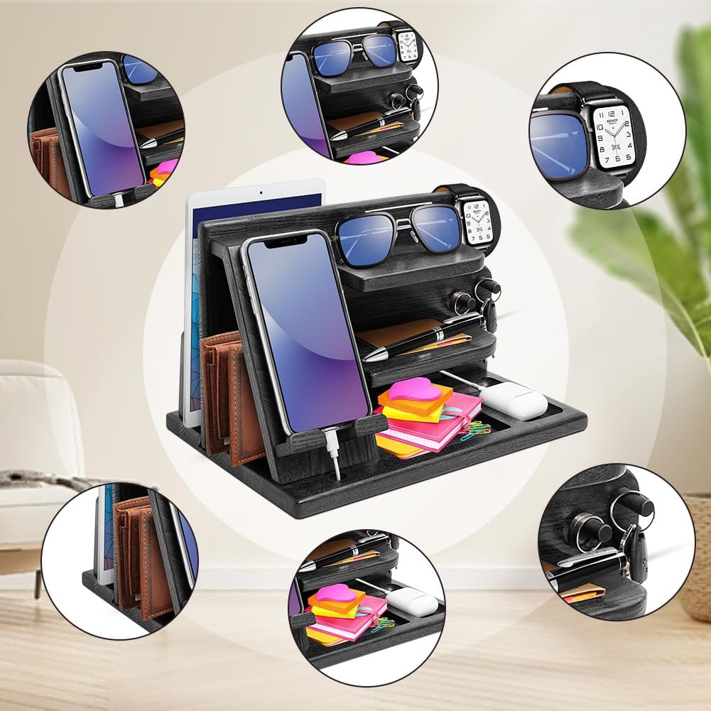 Wood Phone Docking Station - Gifts for Men Desk or Nightstand Organizer - Birthday Gifts for Husband, Fathers Day for