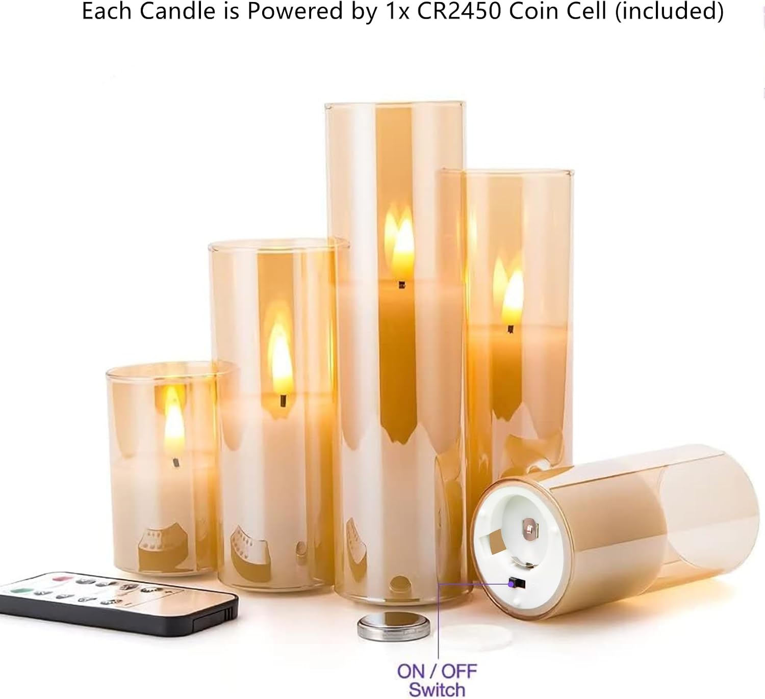 Amber Gold Glass Flameless Pillar Candles with Remote Set of 5 | Flickering Fall LED Candles, Batteries Included