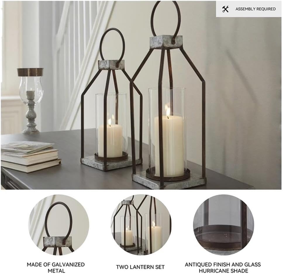 Signature Design by Ashley Diedrick Rustic Lantern, Set of 2, Indoor/Outdoor, Galvanized Metal, Antiqued Finish, Glass