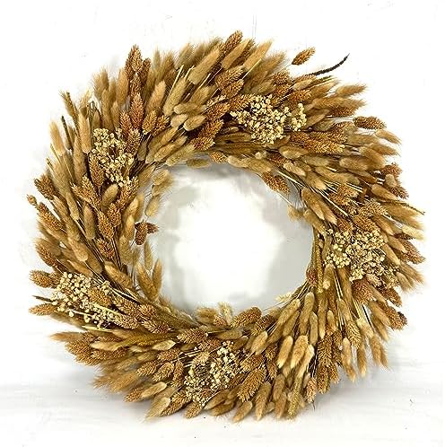 Galt International 21" Preserved Golden Natural Dried Lush Wheat Autumn Fall Wreath - Straw Wreath for Front Door Farmhouse Harvest Thanksgiving Decorations Home Decor Pampas
