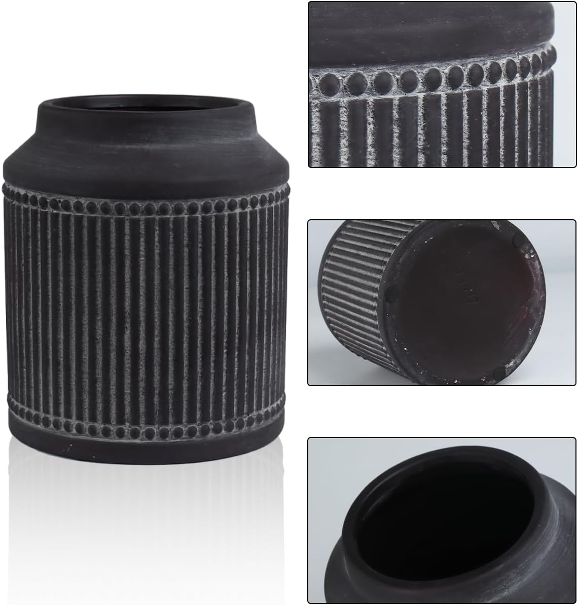 Ribbed Ceramic Vase / Black / 7.32 Inch