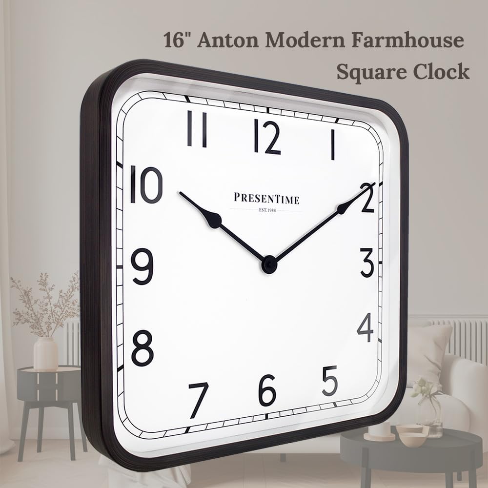 16" Anton Modern Farmhouse Square Clock | Silent No Ticking, Wall Art and Timepiece for Home Decoration/Wall Décor, Oil