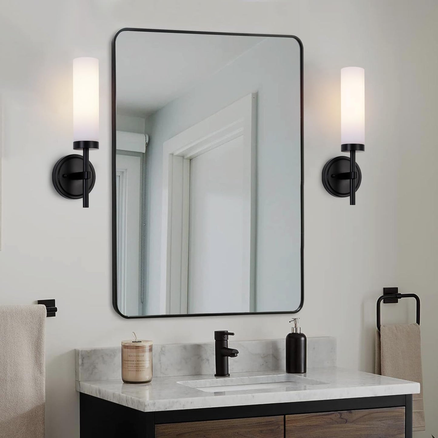 Black Bathroom Wall Sconces Set of 2, Modern Sconces Wall Lighting Vanity Lights with Opal White Glass Shade, Farmhouse