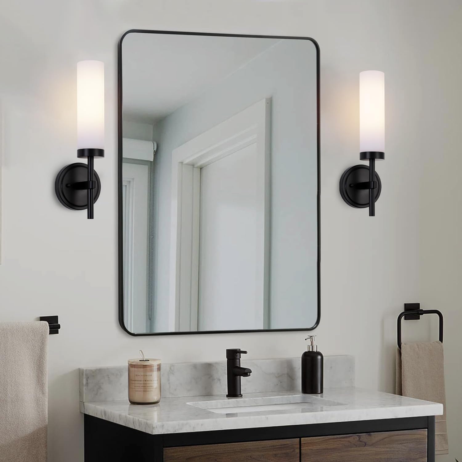 Black Bathroom Wall Sconces Set of 2, Modern Sconces Wall Lighting Vanity Lights with Opal White Glass Shade, Farmhouse