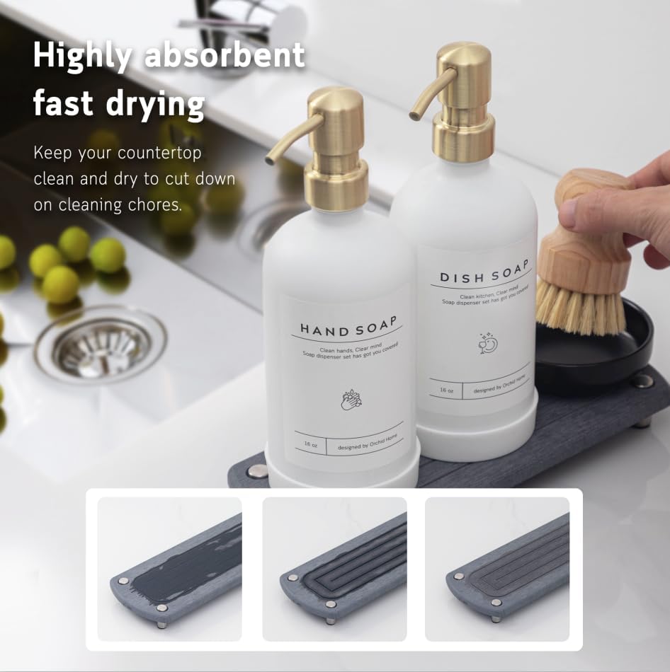 [Luxury] Kitchen Soap Dispenser Set - 16OZ White Glass Bottle, Stainless Steel Pump, Instant Dry Tray, Waterproof