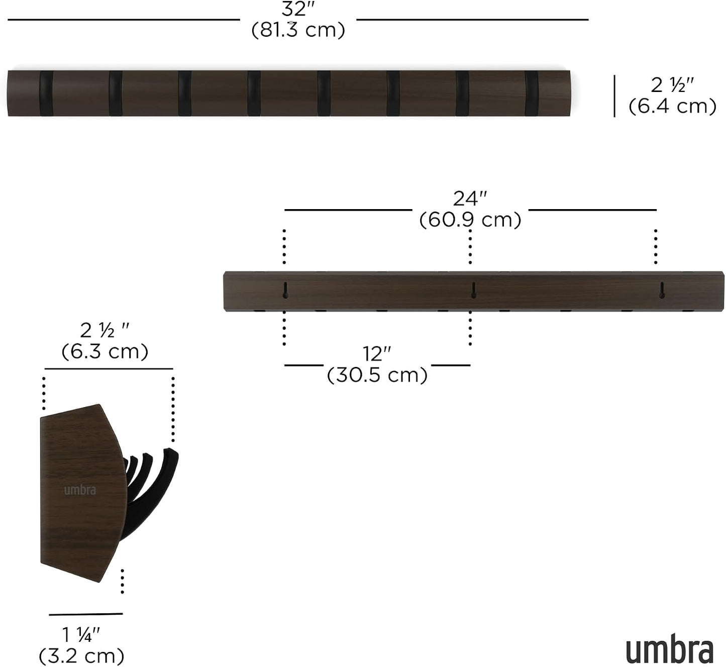 Umbra Flip Coat Rack, Wall Mount 8-Hook, Space Saving, Walnut/Black | Real wood and steel build, retractable hooks fold