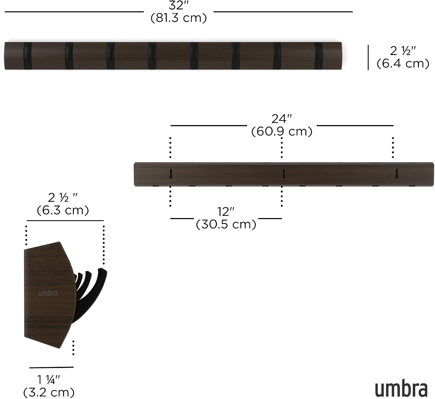 Umbra Flip Coat Rack, Wall Mount 8-Hook, Space Saving, Walnut/Black | Real wood and steel build, retractable hooks fold