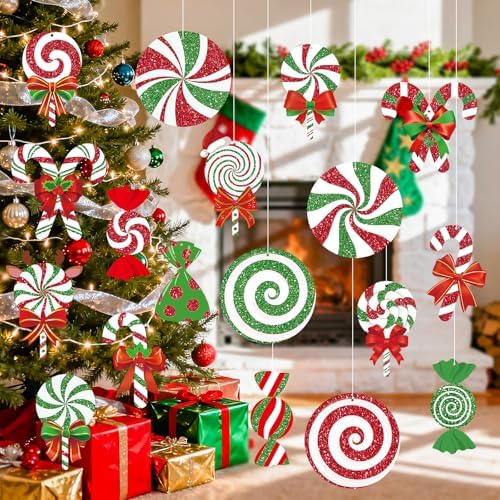 18Pcs Candy Christmas Decorations Outdoor Large Hanging Candy Cane Paper Ornaments Merry Xmas Peppermint Signs Decor Double Sided Printing for Outside Yard Tree Indoor Home Office Winter Holiday Party
