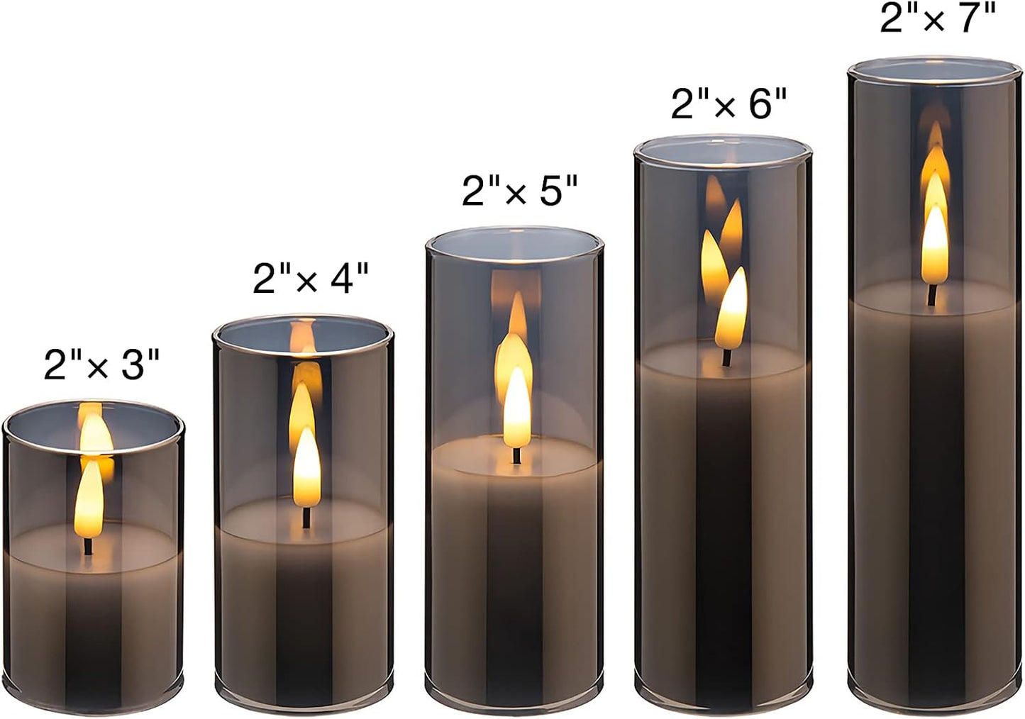 Grey Glass Flameless Pillar Candles with Remote Batteries Set of 5 | Flickering Tall LED Candles, Batteries Included