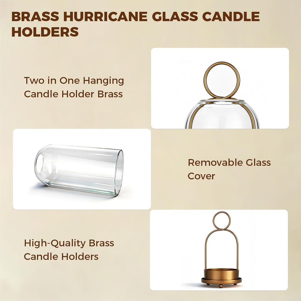 5"&4" Hurricane Glass Candle Holders, Hanging Brass Metal Candle Holder | Glass Candlestick Holders for Pillar Candles
