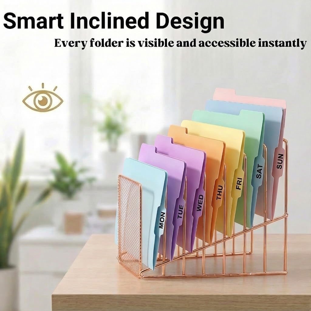 Rose Gold Desk Organizer 7 Slot Inclined Vertical File Folder Holder Sorter with Mesh Front – Metal Wire Rack for Mail