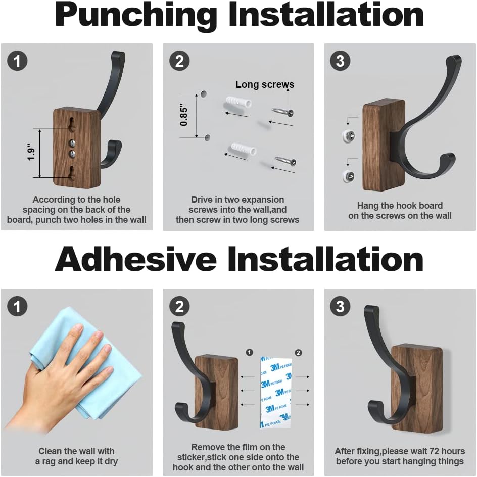 Walnut Wood Wall Hooks Adhesive Mounted & Wall Mounted / Hooks-double Hooks / Black / Set of 4
