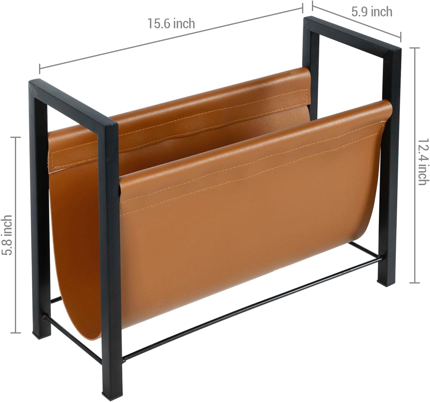 MyGift Caramel Leatherette Magazine Holder, Black Metal Floor Rack | Open sling design keeps magazines, newspapers, and