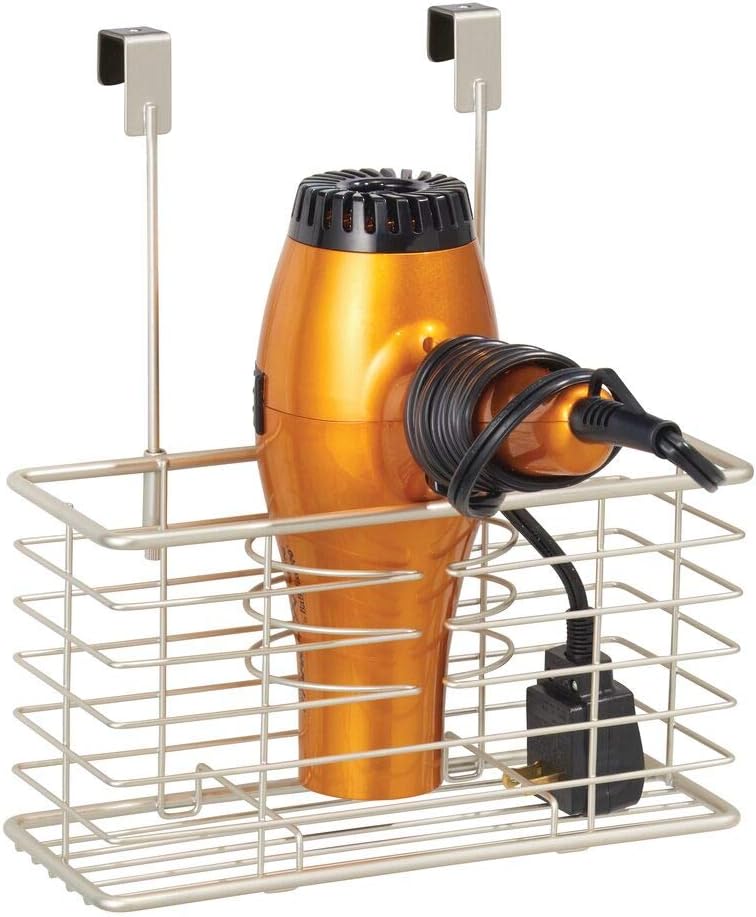 mDesign Steel Over Cabinet/Door Hair Dryer Holder Storage, Hair Styling Tool Organizer Basket for Bathroom - Blow