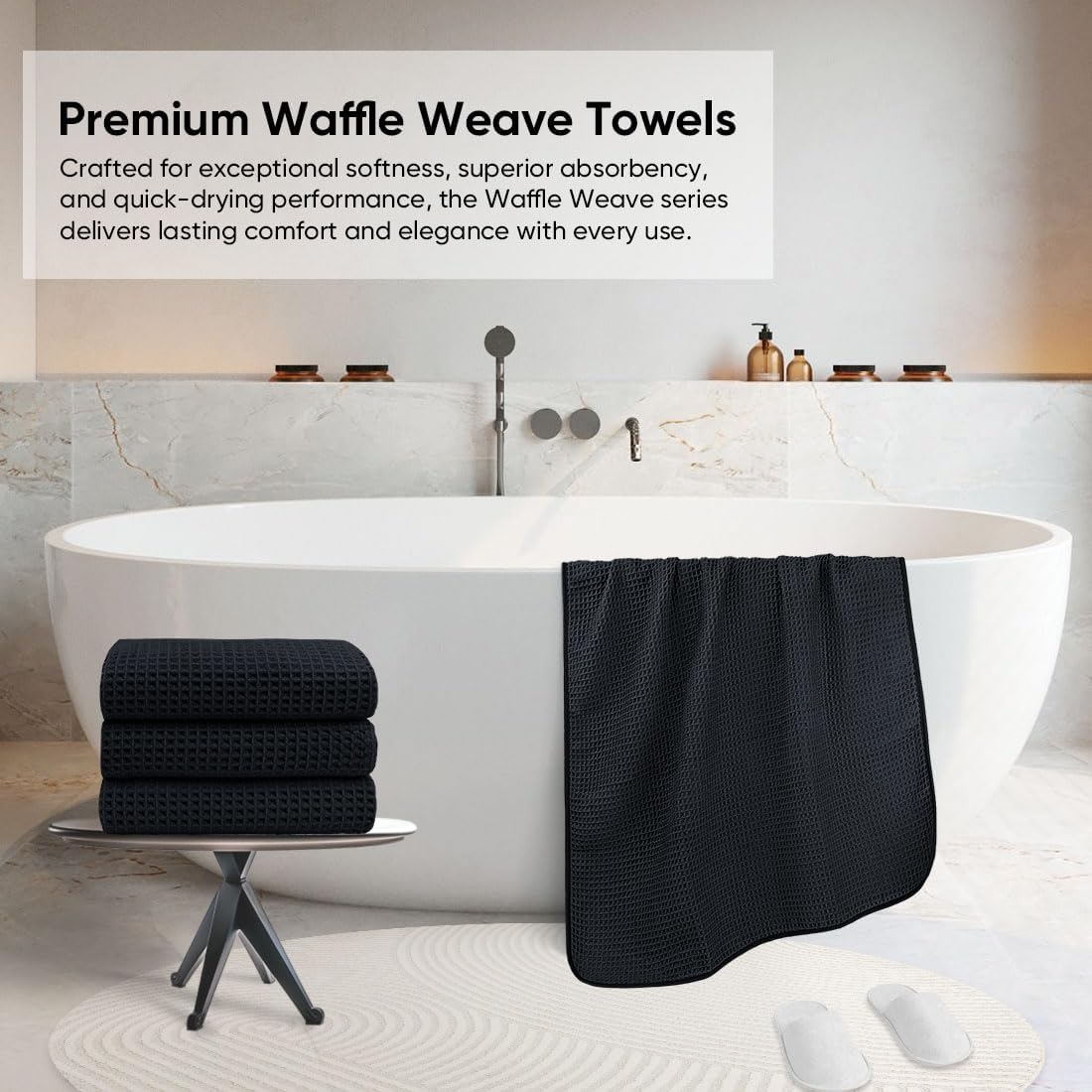 HOMEXCEL Black Waffle Bath Towels Set of 4 Pack, Waffle Towels for Bathroom | 400GSM Microfiber Waffle Bathroom Towel