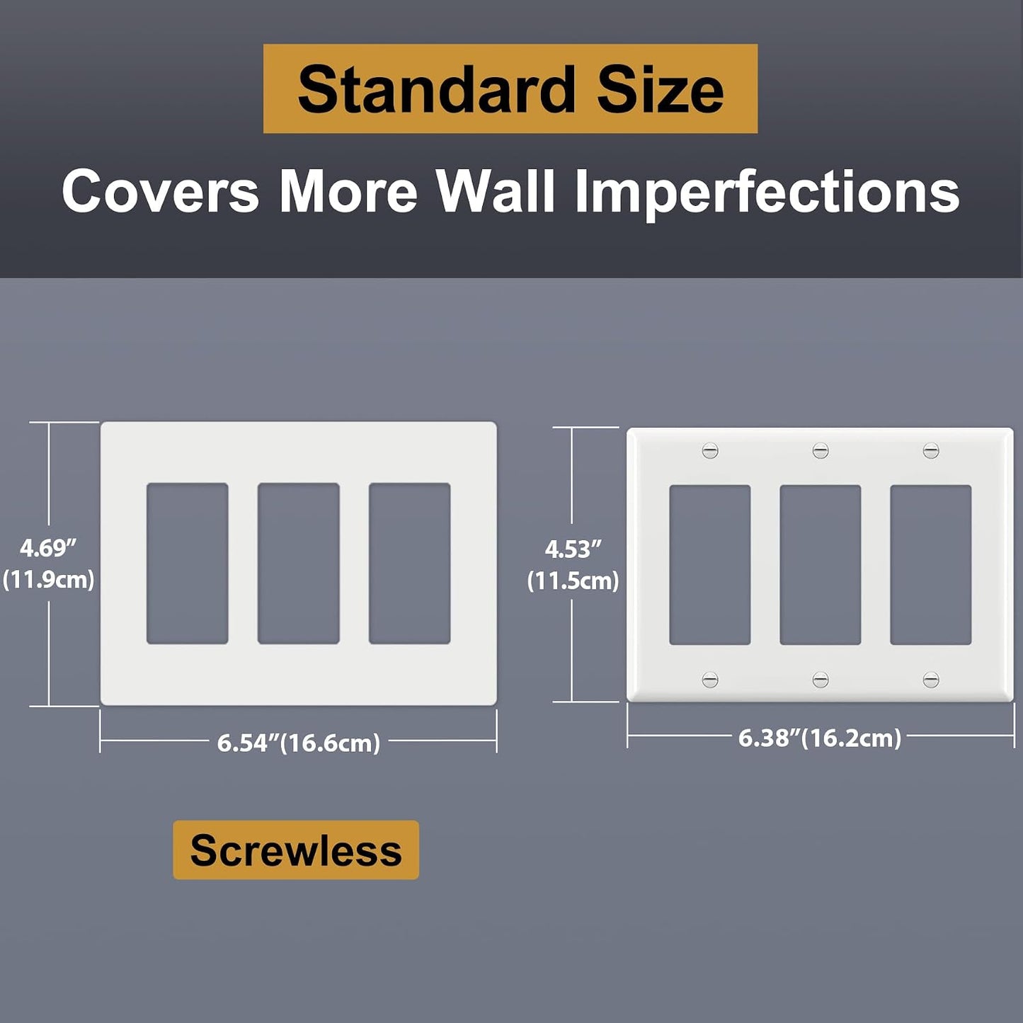 BESTTEN (5 Pack) USWP4 Matte White Series, 3-Gang Screwless Wall Plate, Decor Outlet Cover, H4.69” x W6.54”, for Light