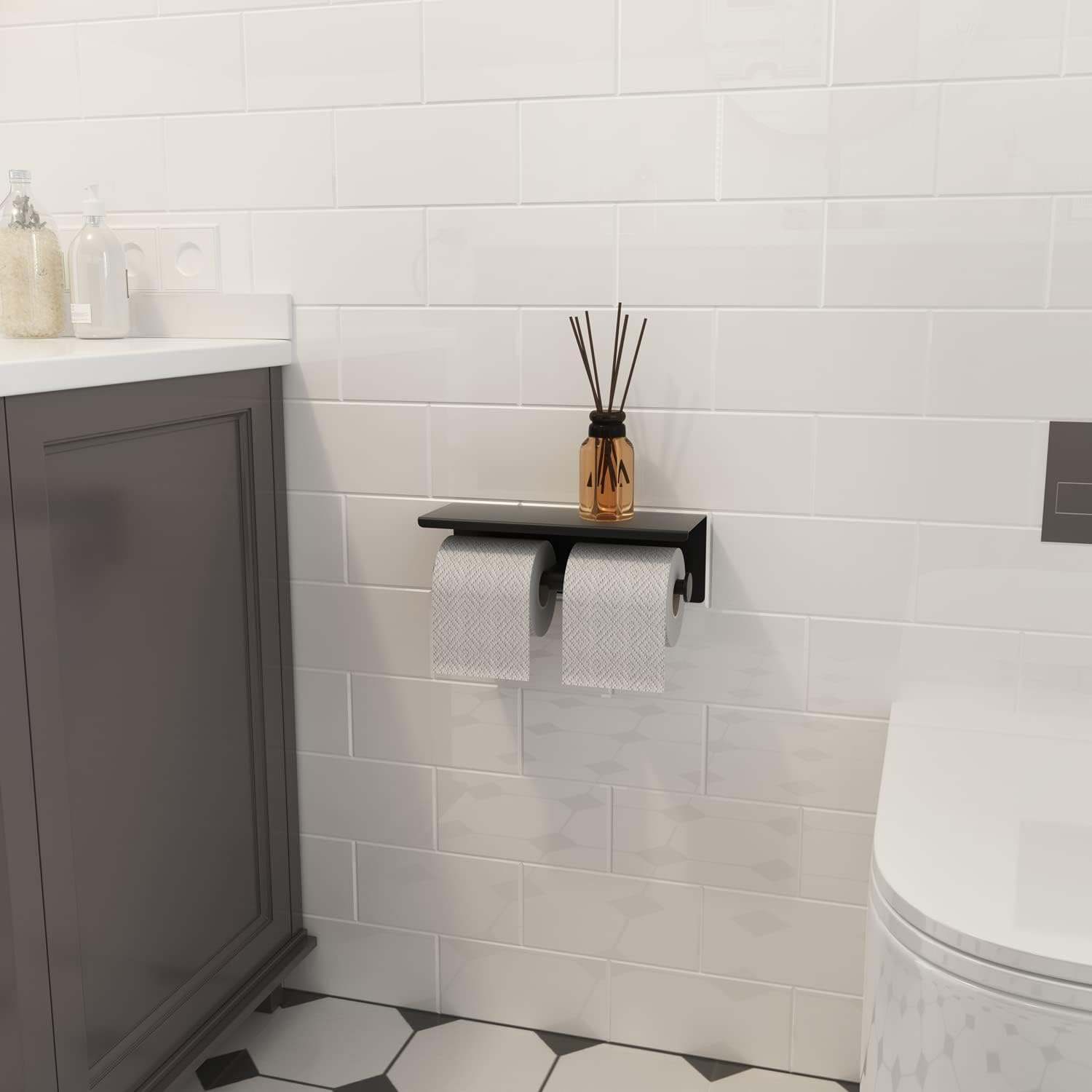 BGL Toilet Paper Holder with Shelf Matte Black, 304 Stainless Steel Wall Mount Toilet Tissue Roll Holder with Double