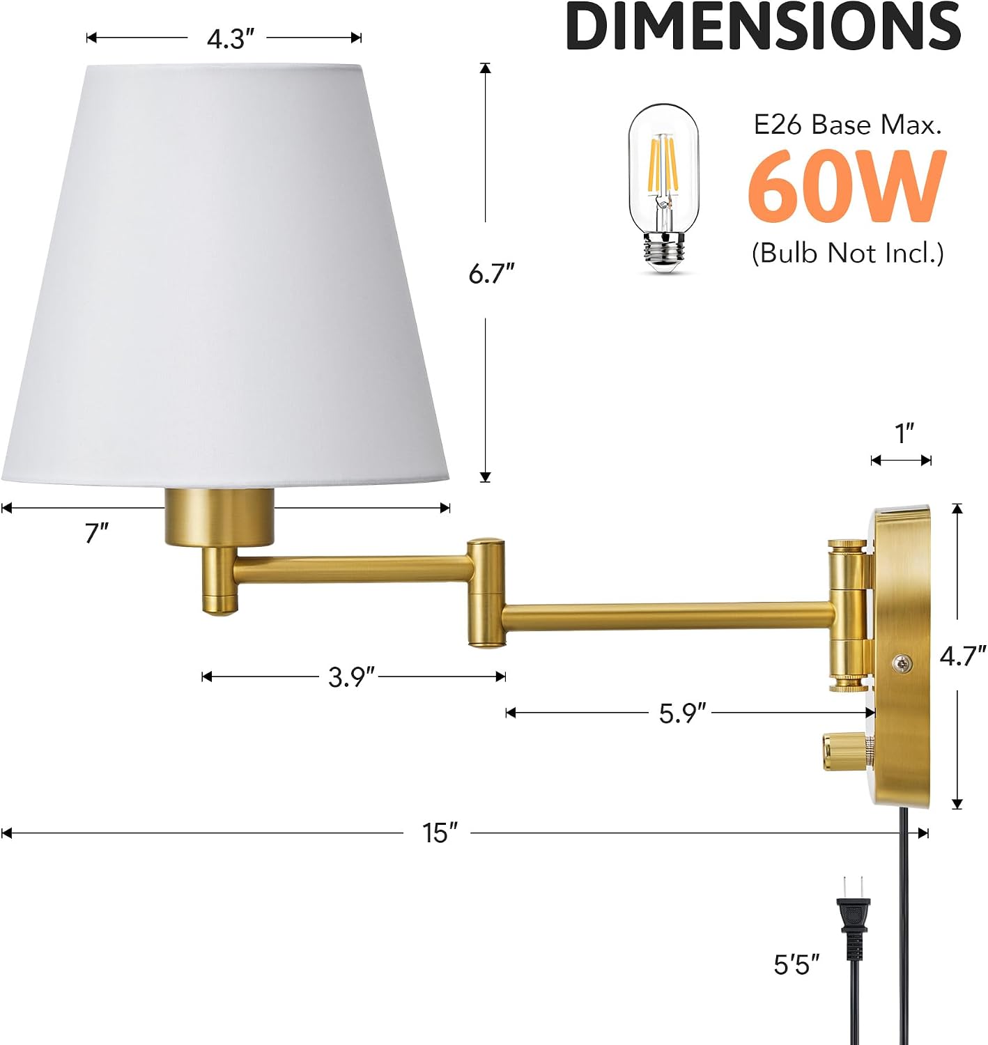 VONLUCE Wall Lamp, Plug in & Swing Arm Wall Sconce, Gold Finish | Modern Wall Lights with White Fabric Shades, Plug in
