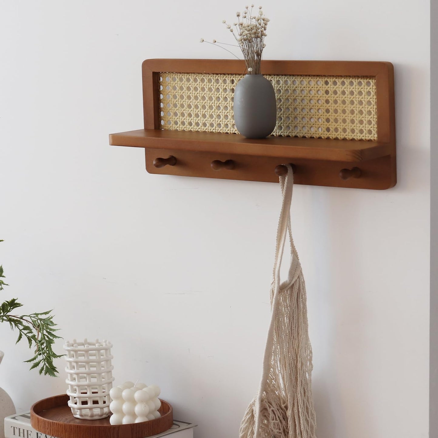 PE Rattan Coat Rack Shelf Wall Mounted with 4 Hooks, Decorative Coat Hook Rack with Floating Shelf for Entryway