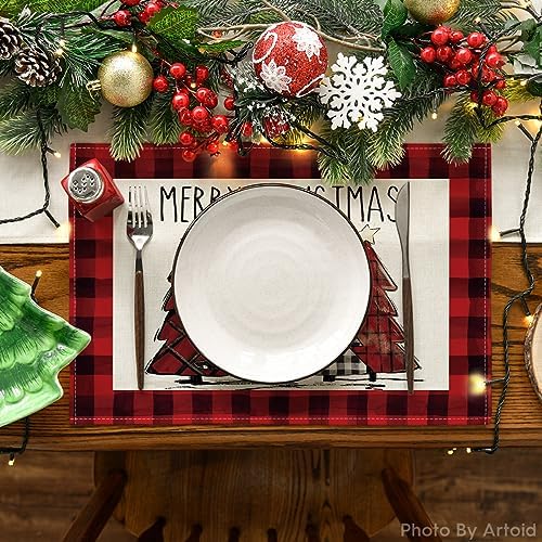 Artoid Mode Red and Black Buffalo Plaid Christmas Trees Placemats Set of 6, 12x18 Inch Winter Table Mats for Outdoor Home Party Kitchen Dining Decor