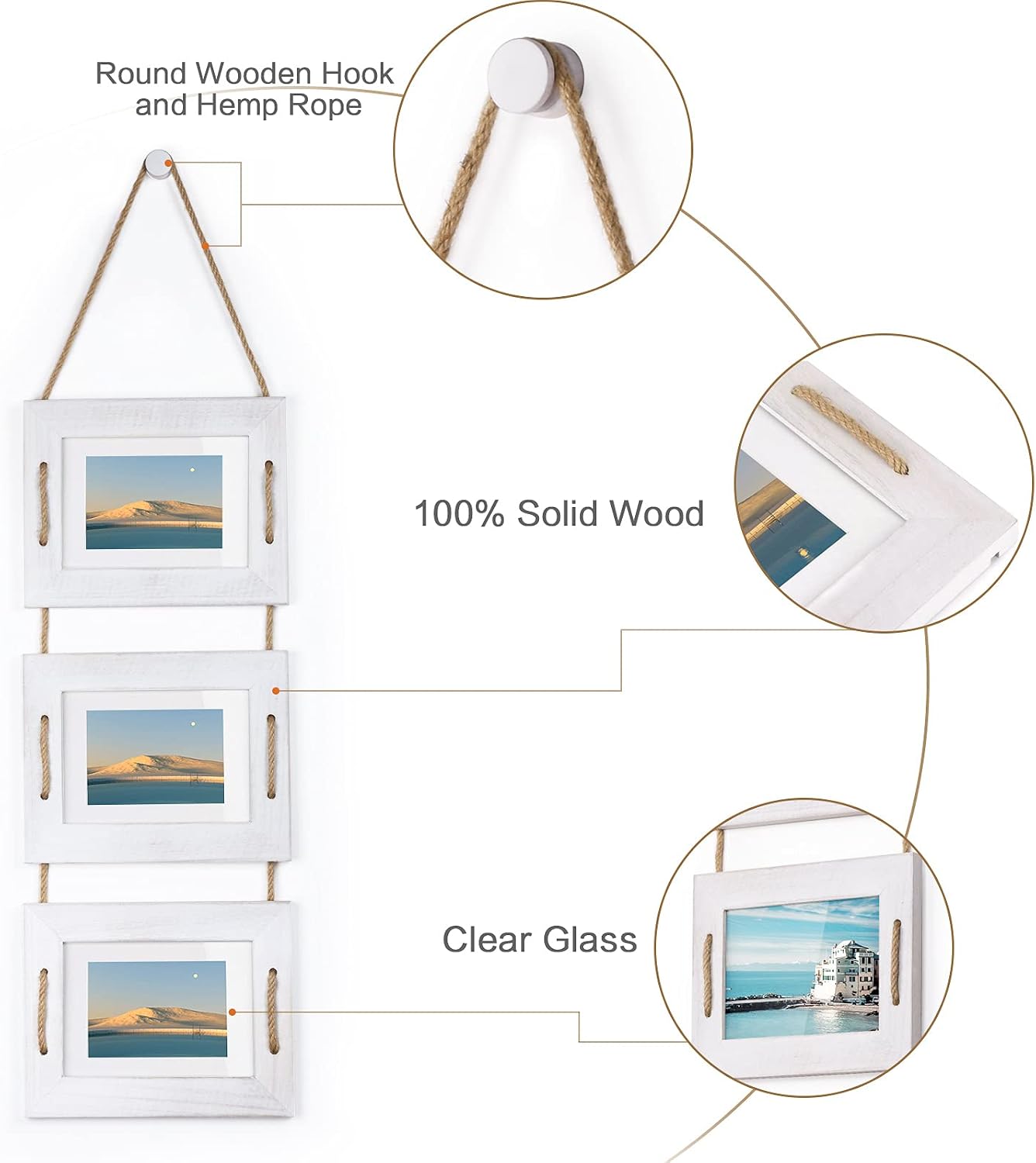 DLQuarts 5x7 Hanging Picture Frames Collage Wall Decor, 3-Opening Photo Frame 5x7 Without Mat & 3.5x5 with Mat, Rustic