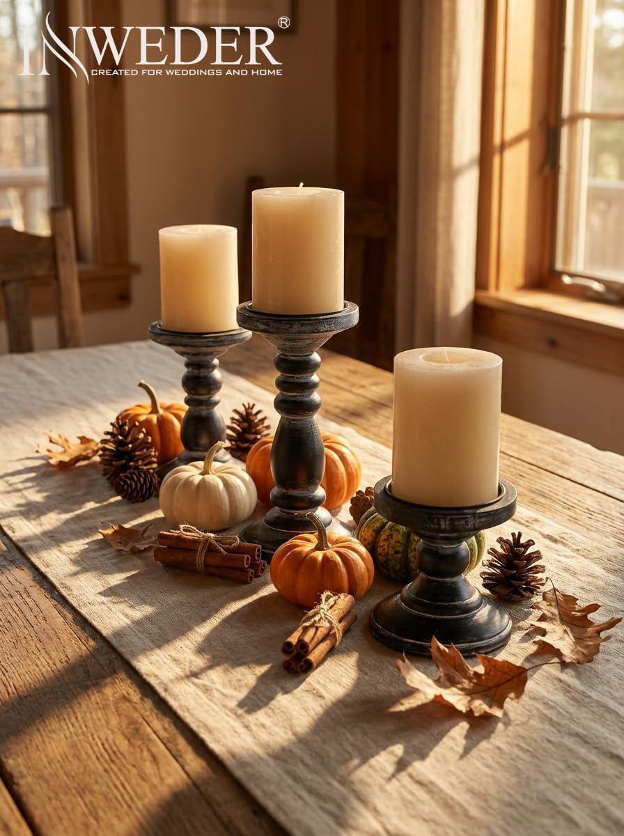 Wood Pillar Candle Holder: Rustic Distressed Black Candle Stand | Solid Pine Wooden Decor, for 3.15" Pillar, Farmhouse