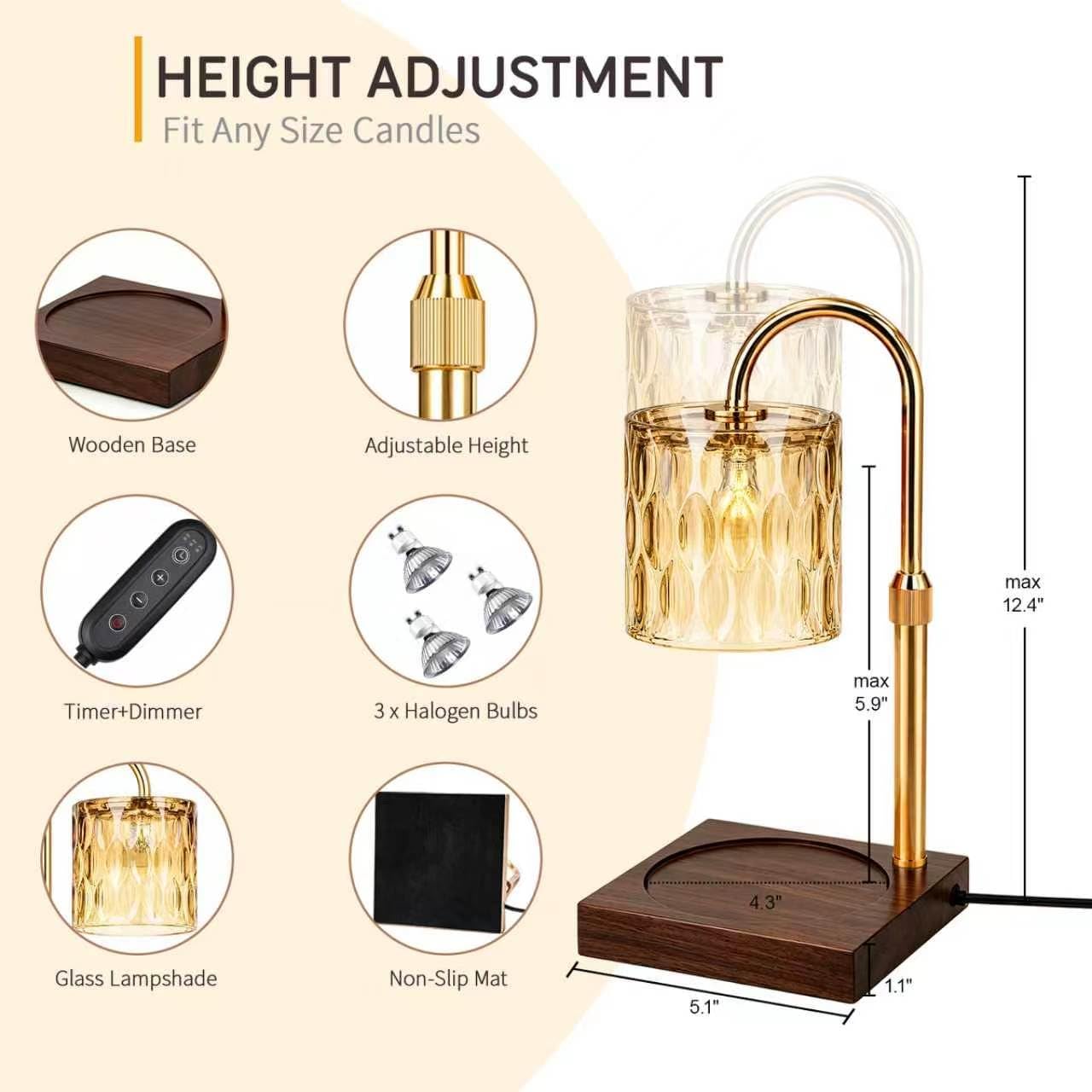 TOACSUCP Candle Warmer Lamp with 3 Bulbs, Adjustable Height Dimmable Candle Warmer with Timer, Compatible with Large