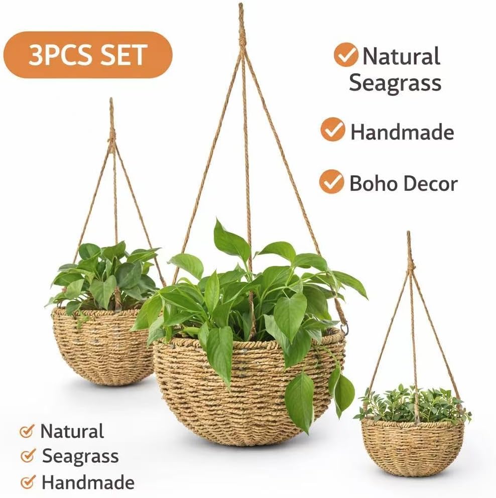 Handmade of Seagrass Round Planter Pots Decor / Natural / Set of 3