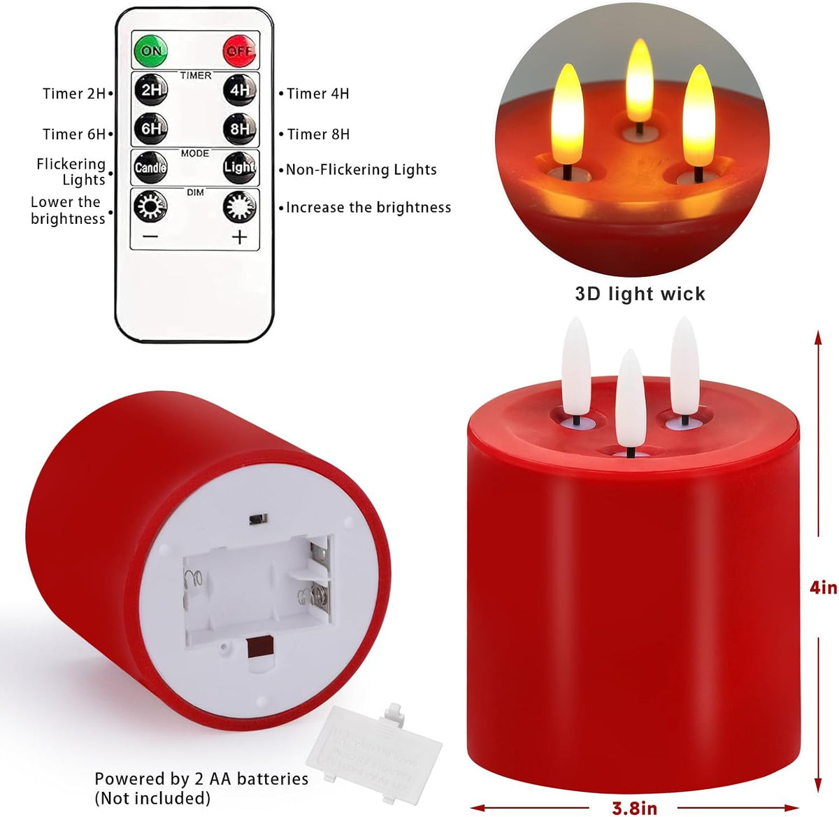 VEEKI Large 3 Wick Flameless Candles Set of 2, 4"x4" Flickering Flameless Candles with Remote & Timer, Dimmable Real