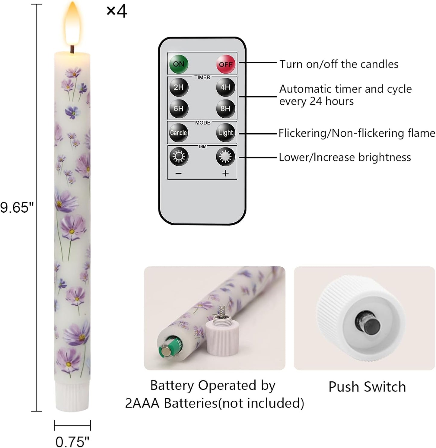 Flameless Taper Candles Flickering with Remote, Purple Floral | LED Taper Candles Flickering, Battery Operated