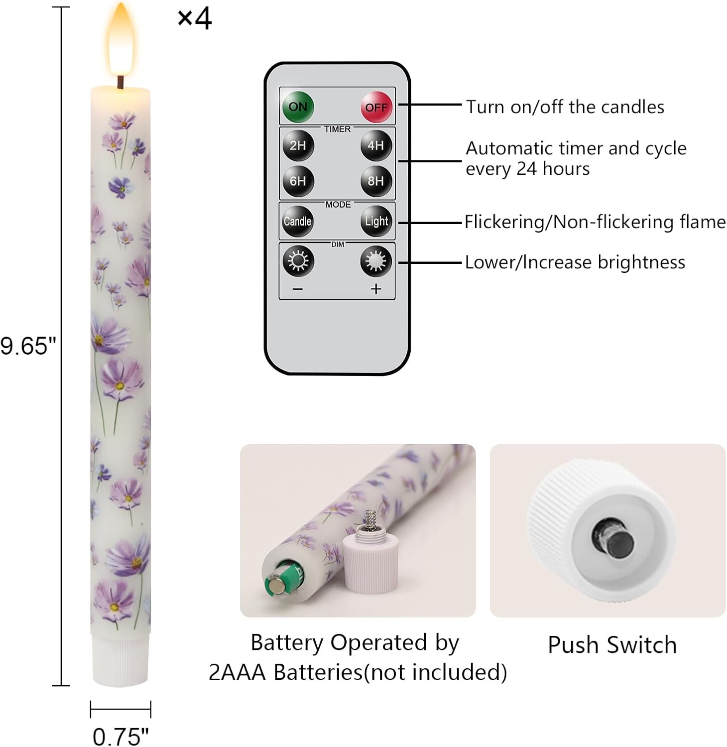Flameless Taper Candles Flickering with Remote, Purple Floral | LED Taper Candles Flickering, Battery Operated