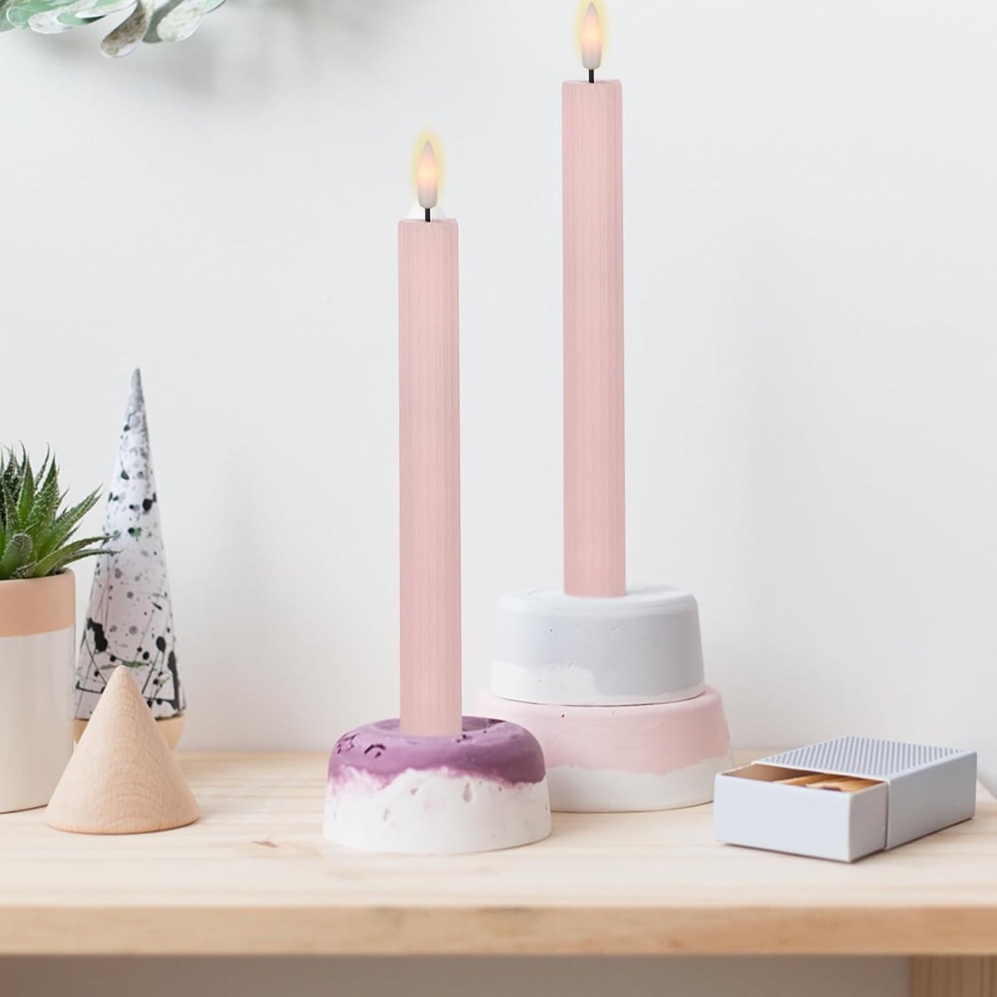Pink Flameless Taper Candles, Ribbed LED Candlesticks with Remote | LED Taper Candles Flickering, Battery Operated