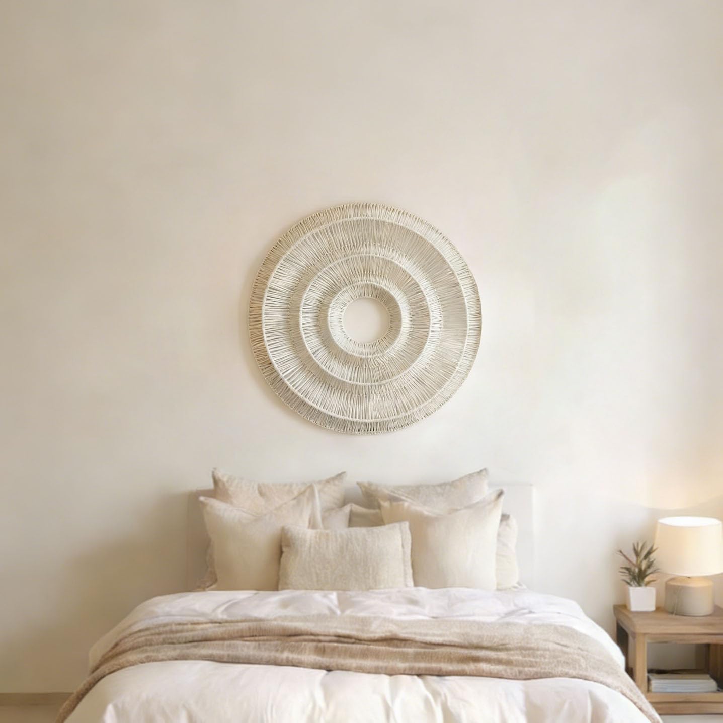 3D Round Boho Wall Basket. Large Rustic Wall Art / Beige