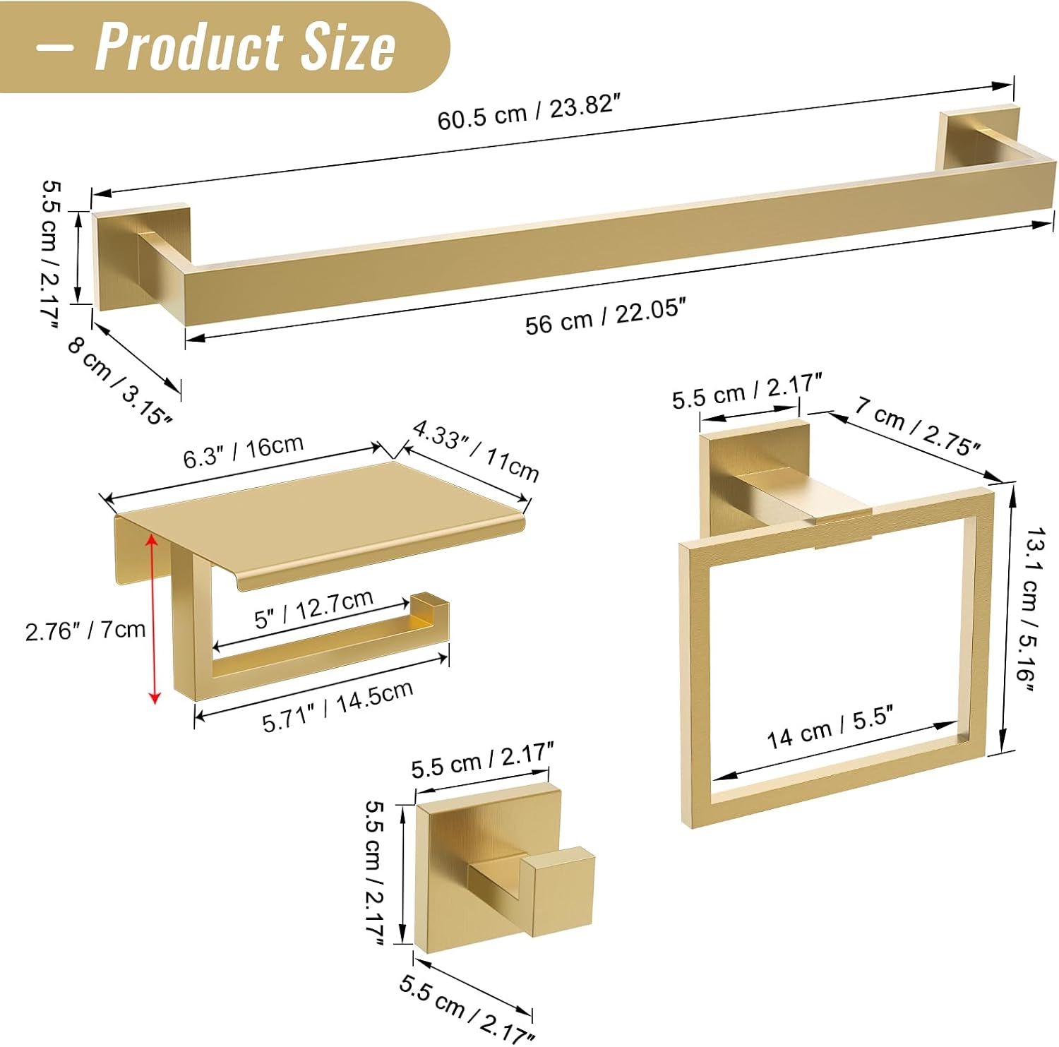 YACVCL Brushed Gold Bathroom Hardware Accessorie Set 23.6 Inch Towel Bar Set 5-Pieces Towel Rack&Holder Set for