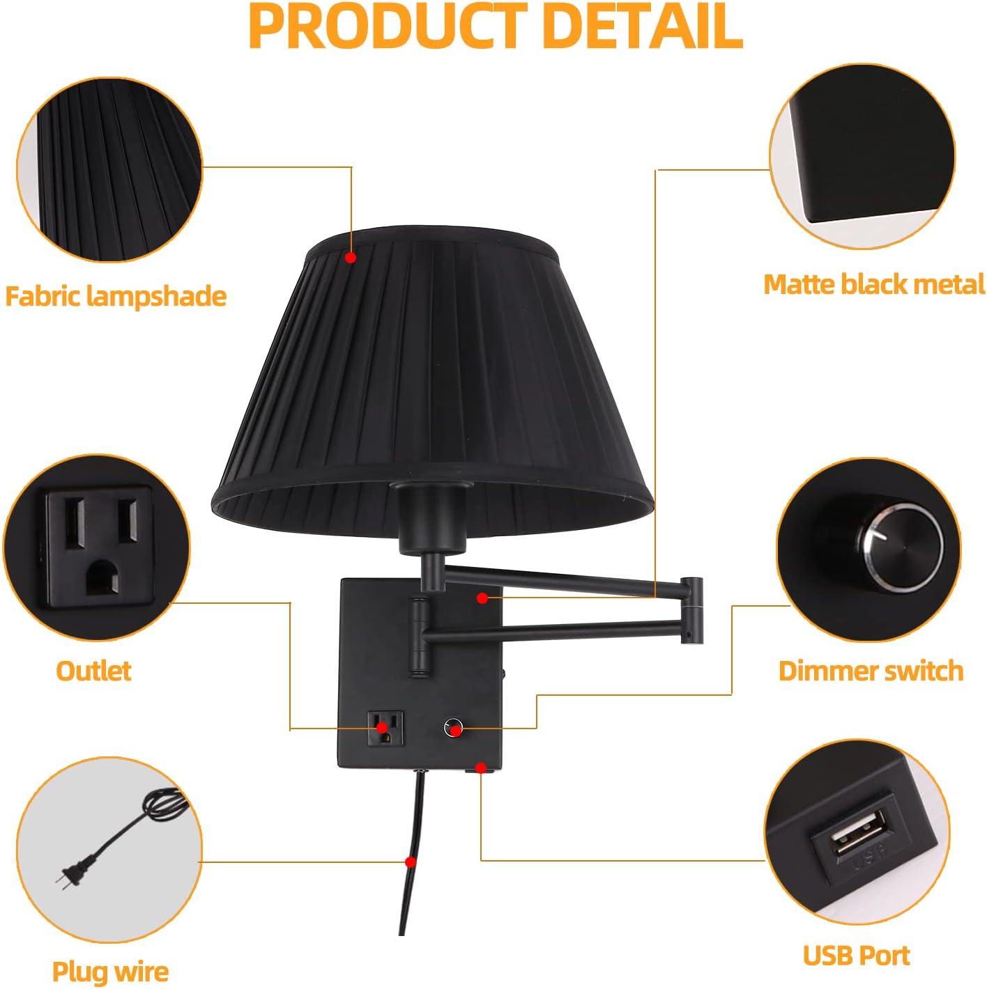 17" Swing Arm Wall Lamp USB & AC Outlet, Dimmable, Black | Adjustable Swing Arm Rotary dimmer sets Plug-in bedside