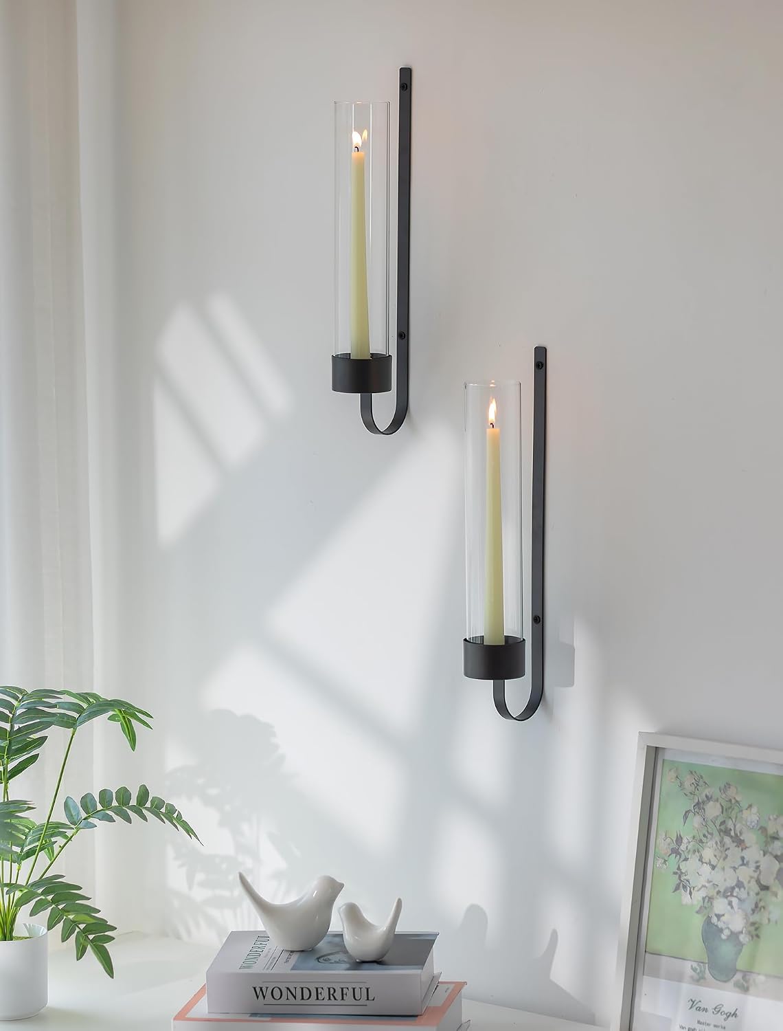 Sziqiqi Black Wall Candle Holders: Metal Candle Sconces for Taper Set of 2 | Set of 2, with Hurricane Glass, Modern