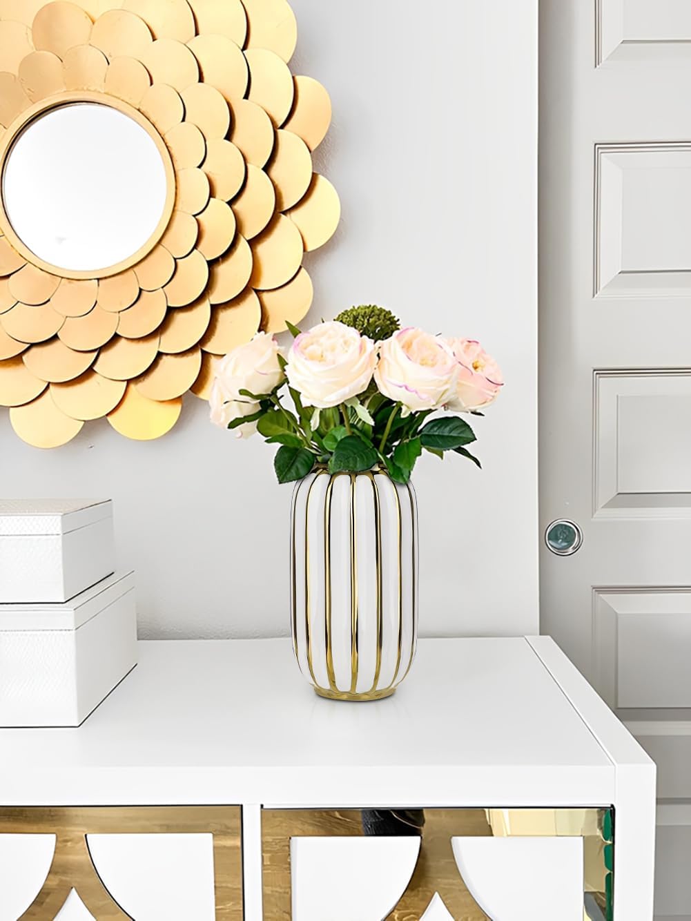 Gold Plated Lantern Ceramic Vase Home Decor Creative Design Porcelain Decorative / 8.66'' Tall-white