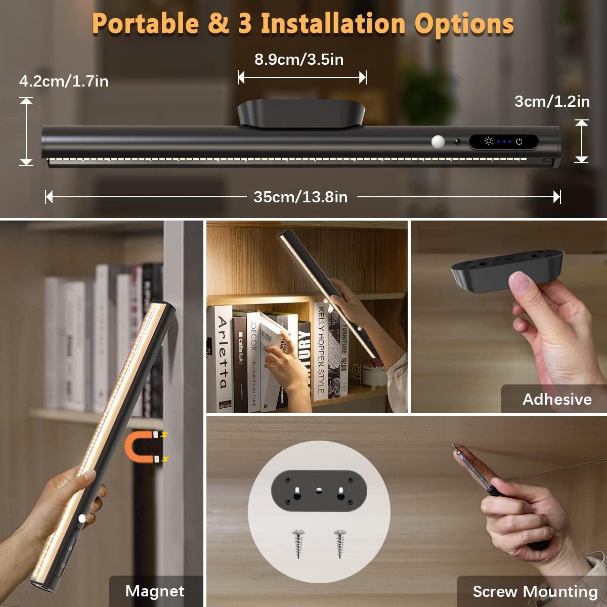 Battery Powered Operated Wall Strip Light with Motion Sensor | LED Light Bar, Rechargeable Magnetic Under Cabinet