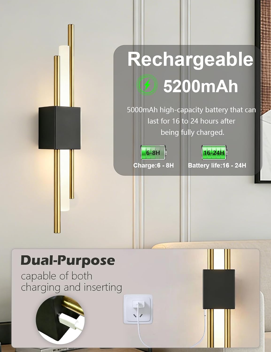 USB Rechargeable Wall Sconces Set of 2, Wireless Cordless Wall Lamp with Dimmable Timer, No Wiring Needed Mounted Wall