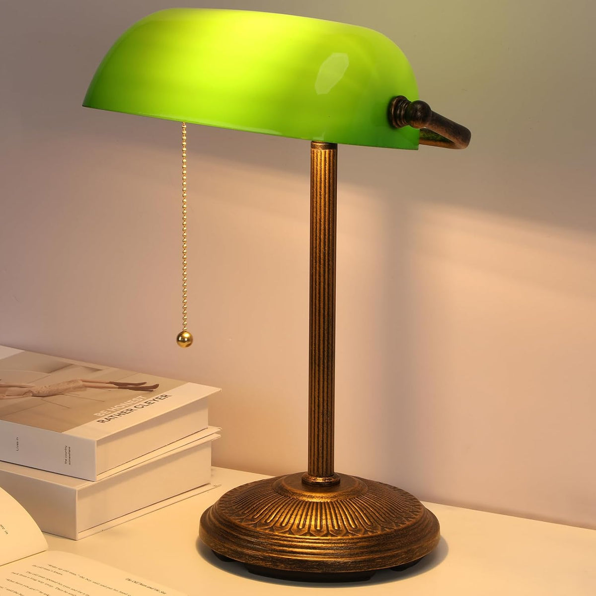 NISSAFORS Bankers Desk Lamp, Green Glass Shade, Vintage Desk Lamp with Pull Chain Switch, Retro Table Lamps for Home