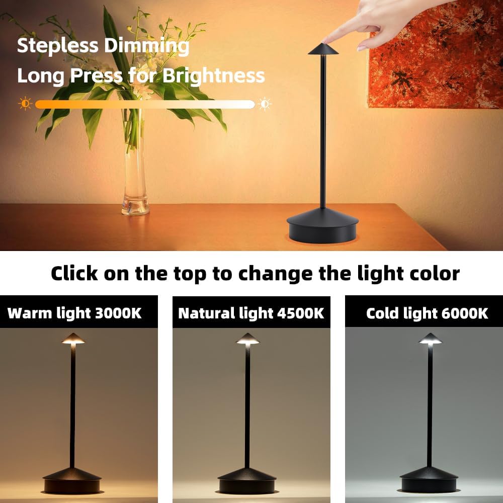 2 Pack Aluminum Cordless Table Lamp, 6000mAh Rechargeable Table Lamps, Portable Touch LED Lamp, Outdoor Waterproof